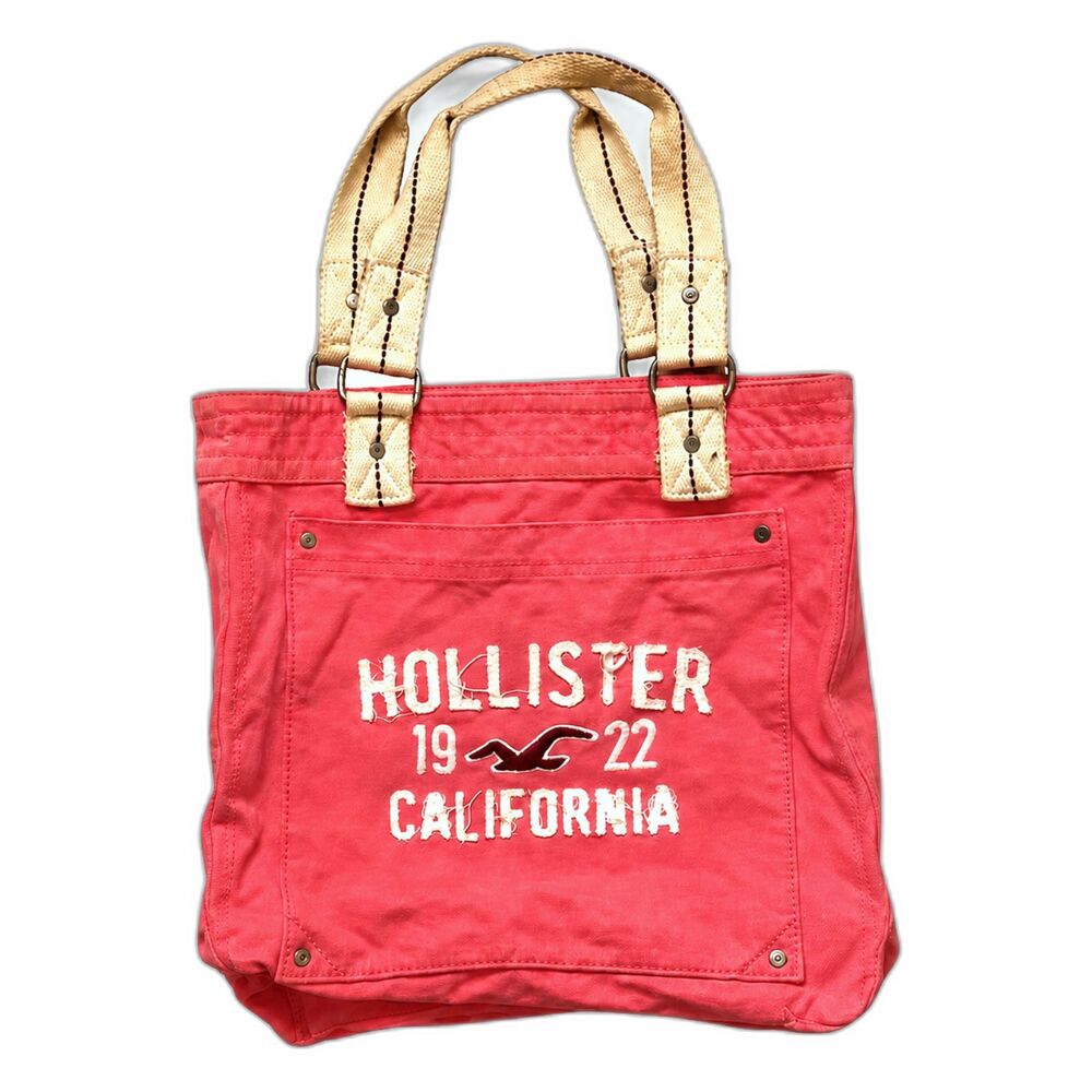Hollister California Coral Canvas Tote Bag Distressed Logo Shoulder Y2K Purse